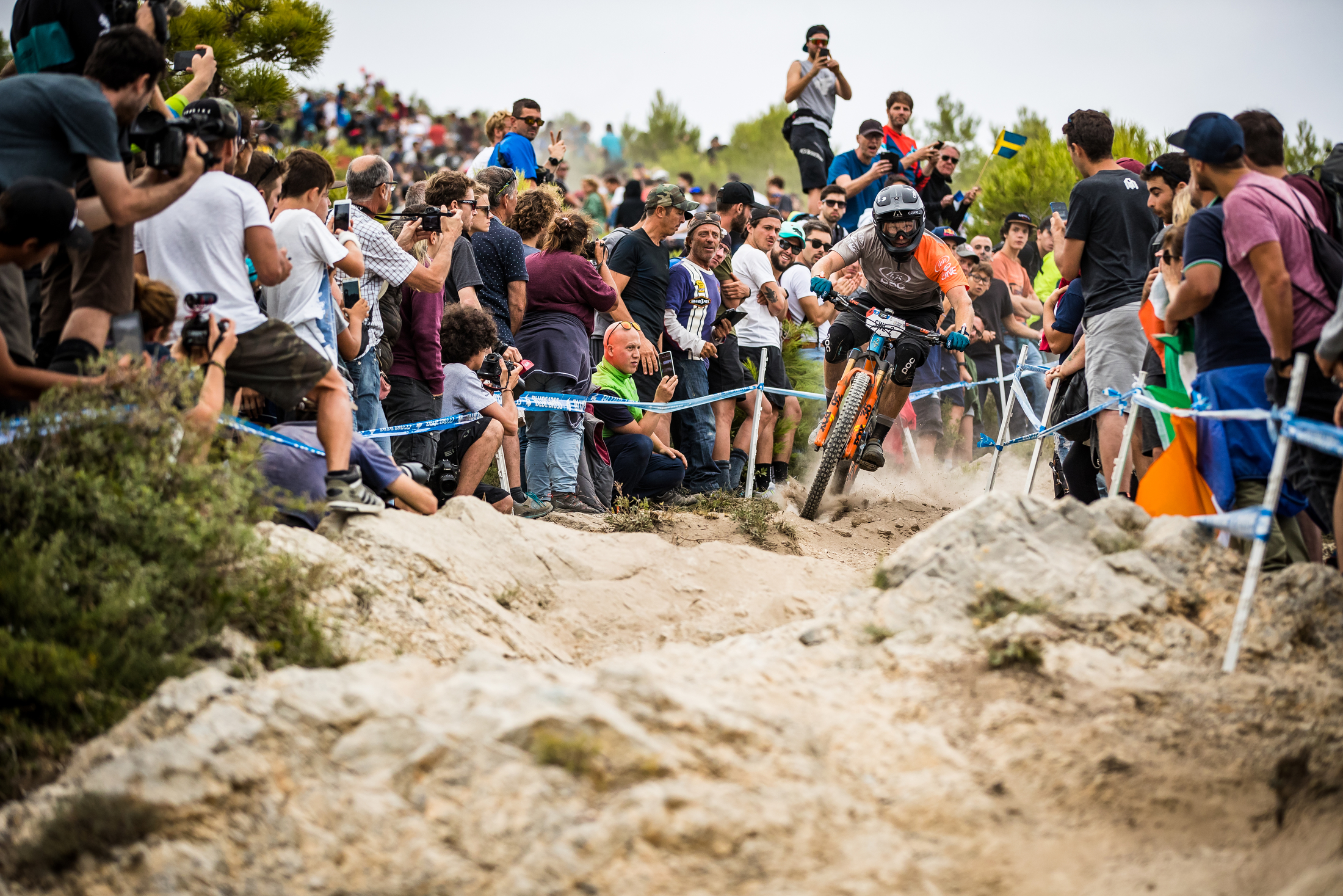 Robin Wallner smashes through the loose dirt in a spectator section